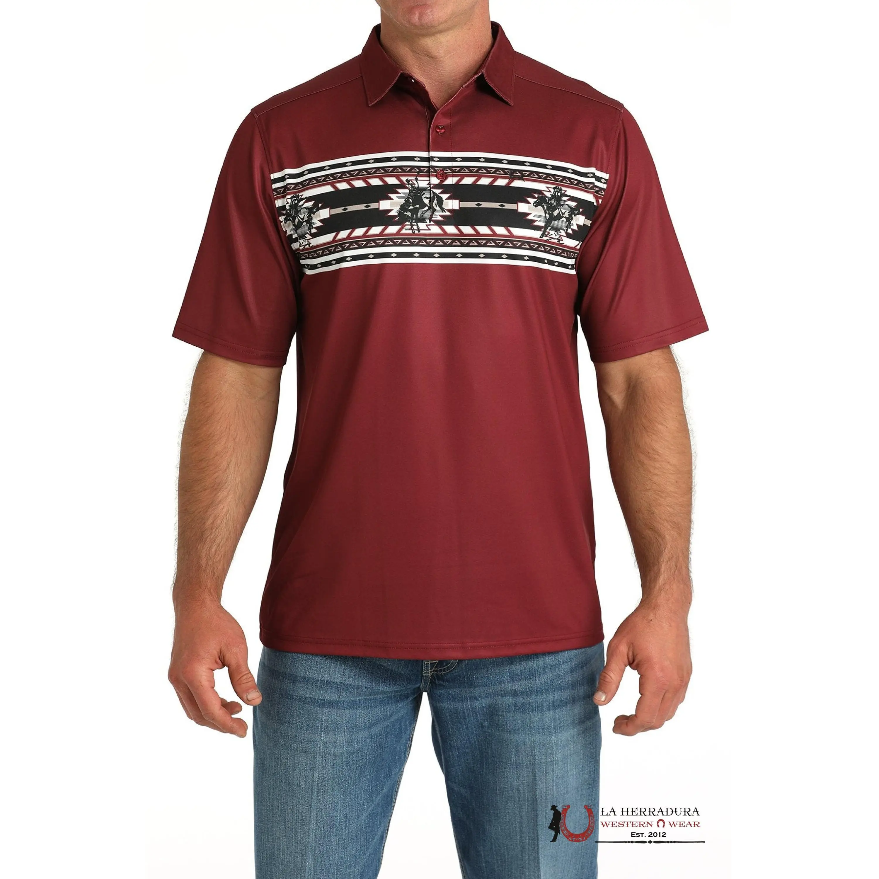 MEN'S BUCKING BRONC WESTERN PRINT POLO - BURGUNDY MTK1863050