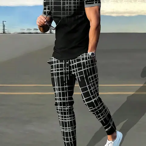 Men's Plaid Checked Print Short Sleeve Jersey Tee & Drawstring Waist Pants Two-piece Set, Round Neck T-shirt & Pocket Trousers, Casual Top & Bottoms for Summer Outdoor Outfit