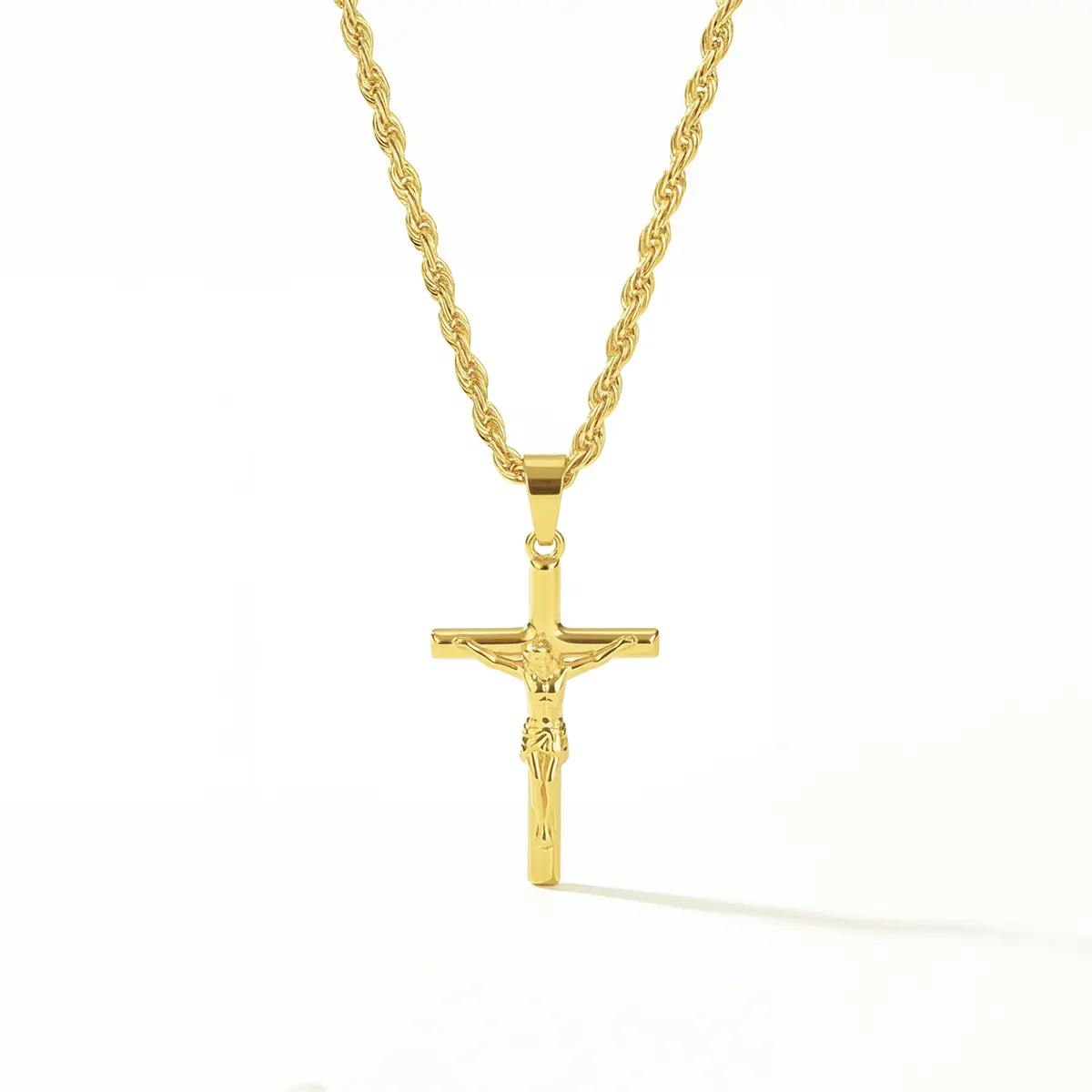 Gold Jesus Cross Necklace for Men Hip Hop Pendant Twisted Rope Chain Religious Jewelry Gift Minimalist Christian Faith Pendant 24‘’