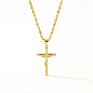 Gold Jesus Cross Necklace for Men Hip Hop Pendant Twisted Rope Chain Religious Jewelry Gift Minimalist Christian Faith Pendant 24‘’