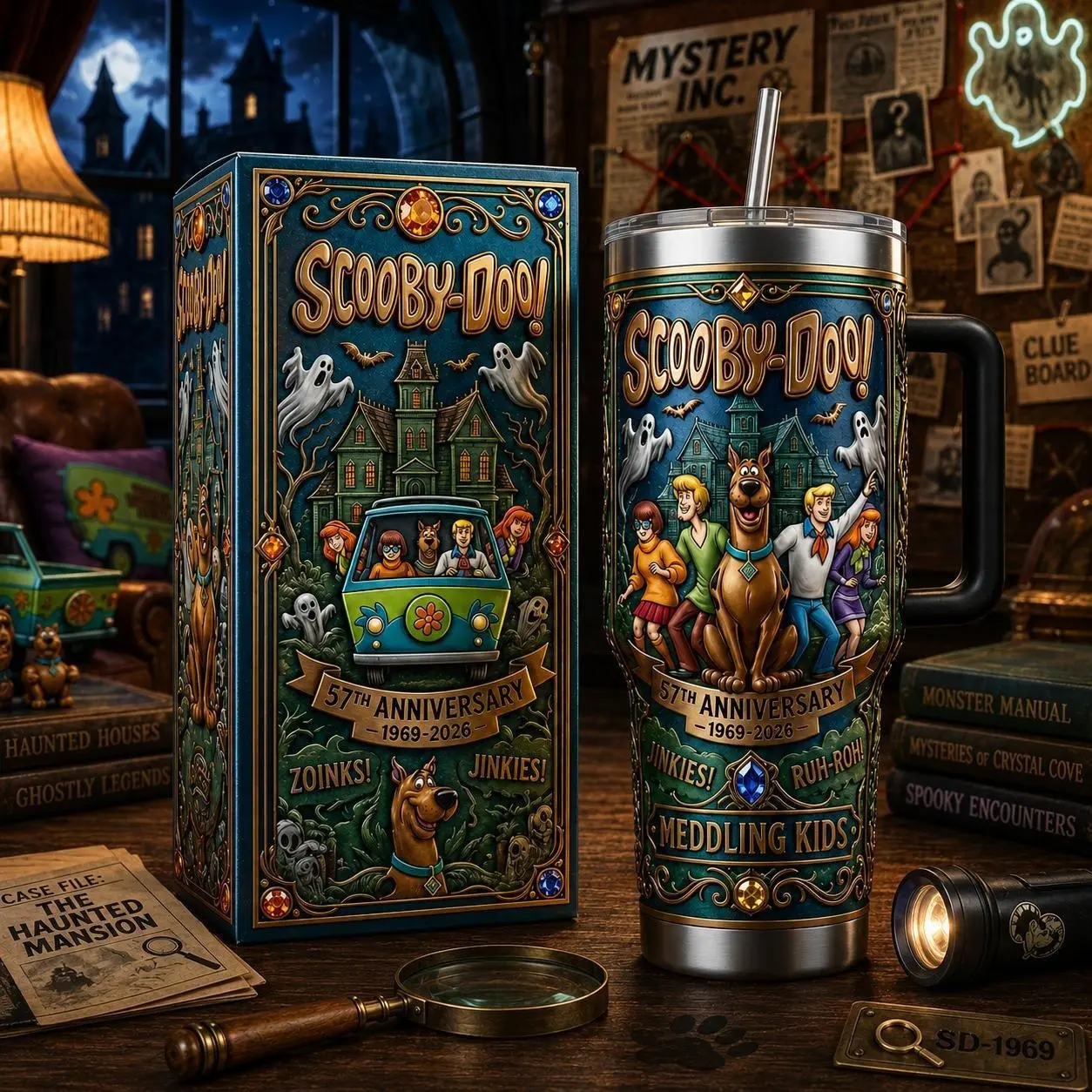 Scooby-Doo 57th Anniversary 1969–2026 40oz Stainless Steel Tumbler with Handle & Straw – Mystery Inc. Vacuum Insulated Travel Mug, Retro Haunted Adventure Collector Gift for Fans.