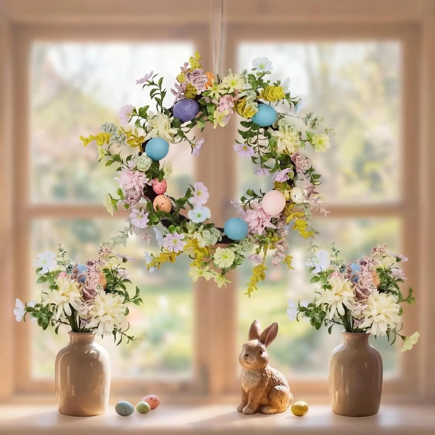 GARVEE Easter Wreath for Front Door with Flower & Easter Eggs, 18" Spring Wreath
