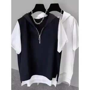 2026 Summer  Korean Zipper Fake Two-Piece Short Sleeve Men's T-Shirt Hooded Half Sleeve Top Fashionable Versa...