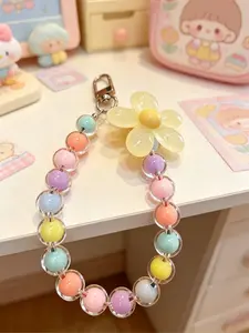 Marble Color Beaded Flower Phone Strap, Handmade Wooden Bead Chain Bracelet, Korean Style Trendy Mobile Accessories, Unique Design for Women, Phone Charms, Mobile Phone Lanyard, Phone Accessory, Phone Decoration, Cell Phone Charm