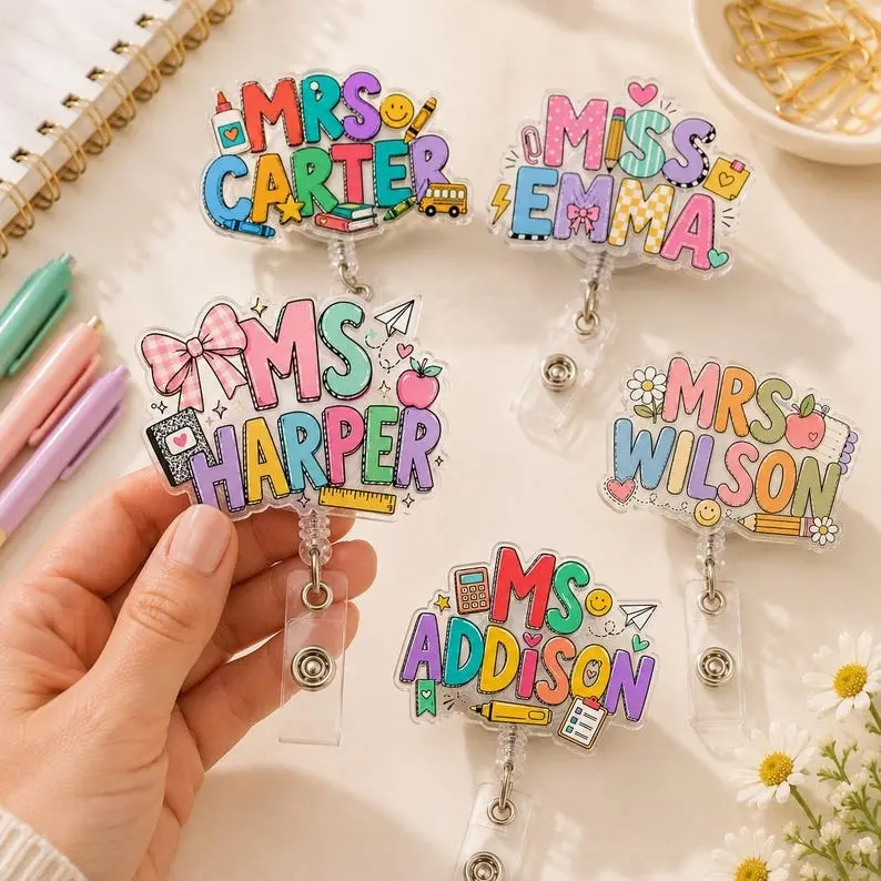 Personalized Teacher Badge Reel Custom Name ID Holder Cute School Pattern Retractable Lanyard Back to School Gift for Educator Colleague