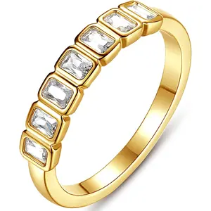 Emerald Cut Bezel Set CZ Halfway Eternity Band 7 Stone Wedding Anniversary Band Bridal Set