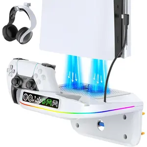 PS 5 Wall Mount Kit with Cooling Fan and  Station Compatible with P5/ Slim/ Pro Disc and Digital, PS Five Floating Base Holder Shelf with 9 RGB Lights & 3-Level Fan, P5 Accessories for Gaming