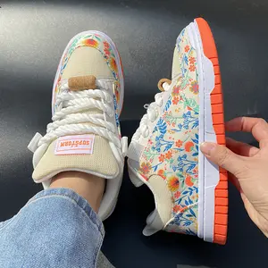 Comfy Floral Low-Top Sneakers with Orange Sole