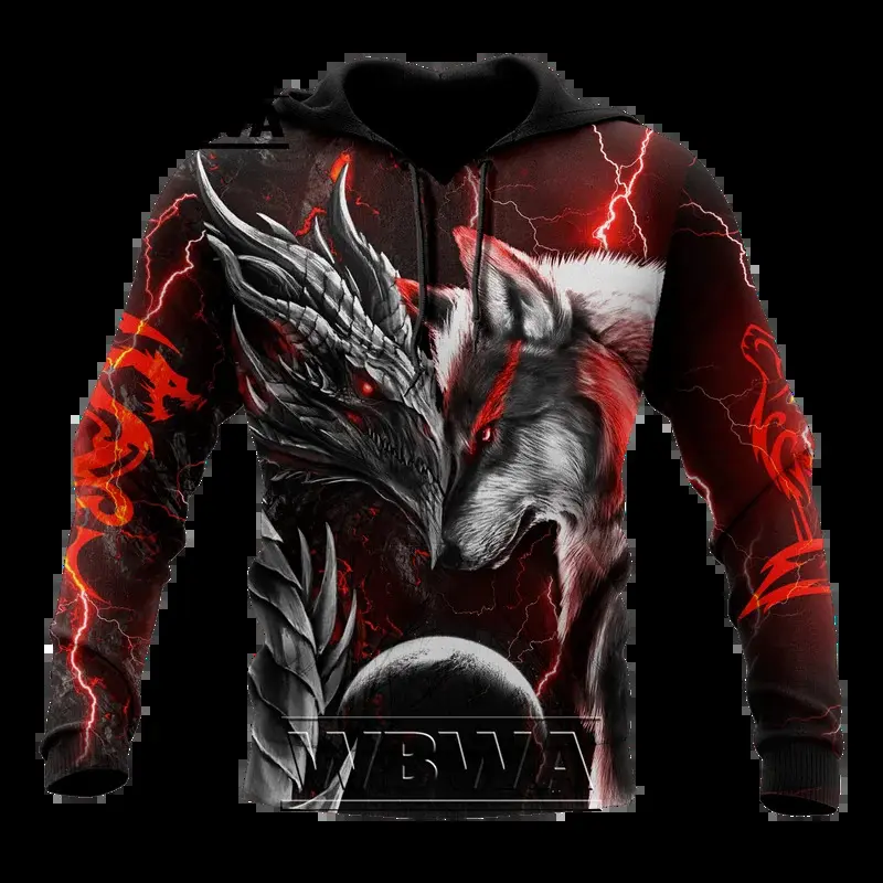 Menswear Graphic Print Hoodie - Red Dragon and Wolf 3D Print, Long Sleeve Autumn Pullover, Unisex Streetwear Casual Tops Clothes, KL496, Polyester