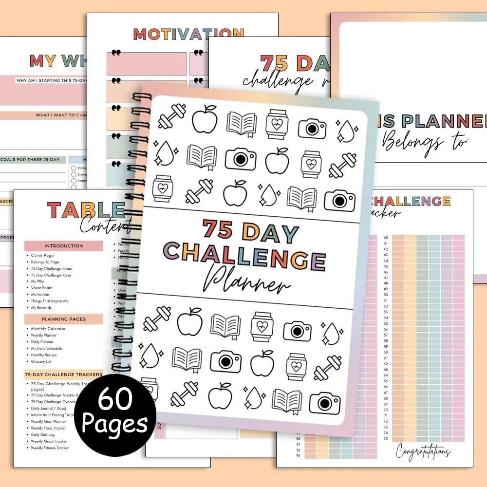 75 Day Challenge Notebook, Planner, Weekly Wellness Tracker & Goal Log - Reflective Growth Journal for Adults, Practical Habit Building Organizer