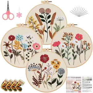 4pcs/set Embroidery Starter Kit DIY Flower Set Beginner Wreath Printed Sewing Art Craft Painting Home Decor Needle Art Handmade
