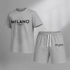 Men’s Milano Printed Casual Short Sleeve T Shirt and Shorts Set, Summer 2 Piece Outfit, Soft Breathable Matching Set with Drawstring Shorts for Beach, Outdoor Activities, Travel, Workout, and Everyday Style