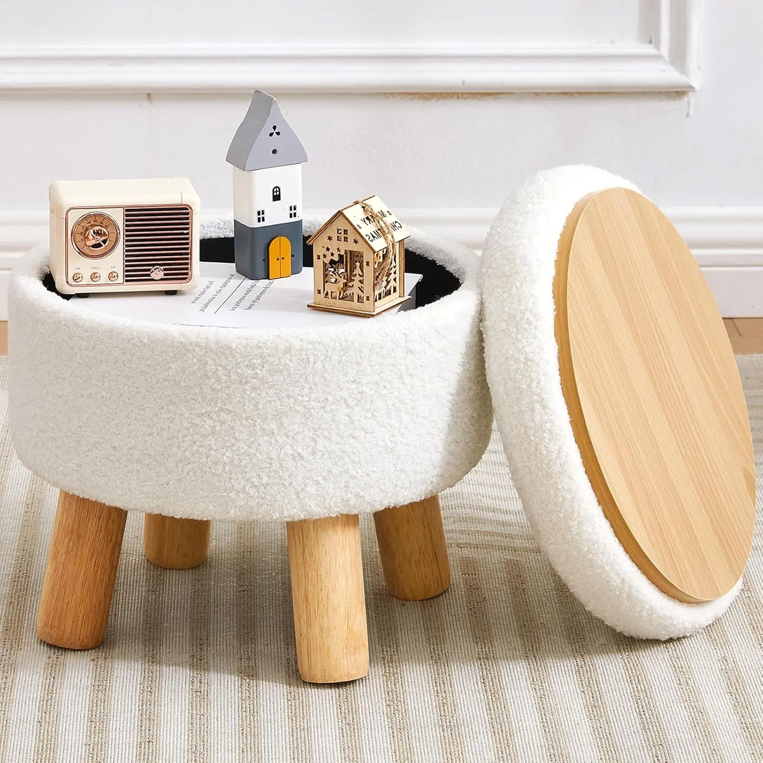 Small Foot Stool Ottoman with Storage, Sherpa Ottoman Foot Rest for Couch, Round Footstool with Storage, Small Ottomans and Footstools for Living Room and Entryway (White)