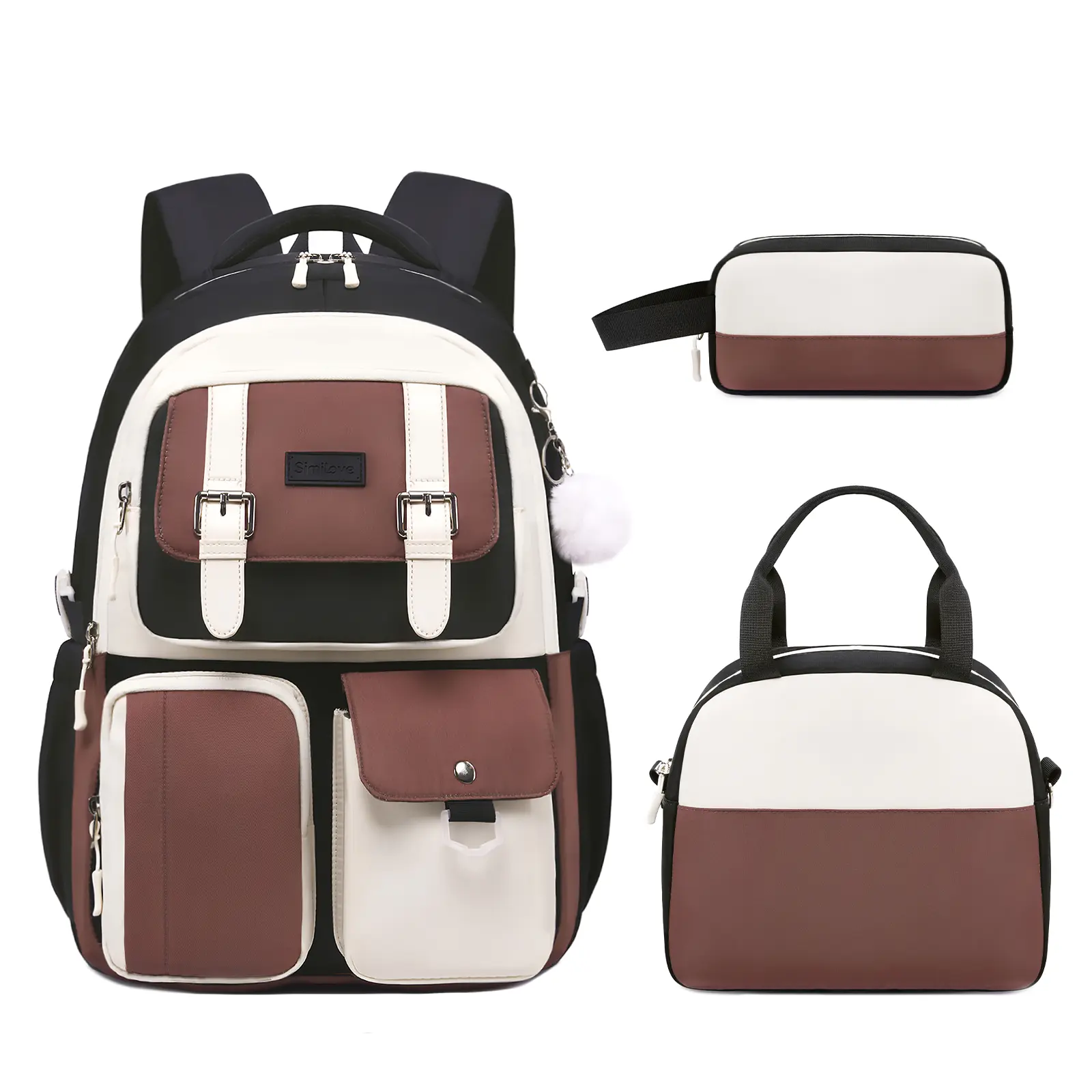SIMILOVE 3PCS Color Block Backpack Set for Girls, Large Capacity School Bookbag with Insulated Lunch Bag & Pencil Case, Cute Pink Blue Back to School Backpack for Kids & Teens