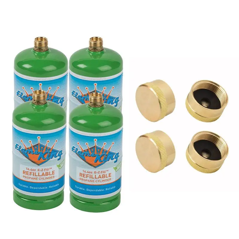 Flame King Bundle 4 pack Eco Friendly Sustainable 1lb Refillable Propane Tanks LP Cylinders + 4 Pack Cylinder Brass Caps