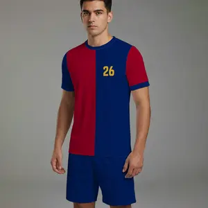Men's Maroon & Navy Split Color Soccer Jersey Kit No. 26 - Blue Red Shirt & Shorts Set S-2XL Training Uniform