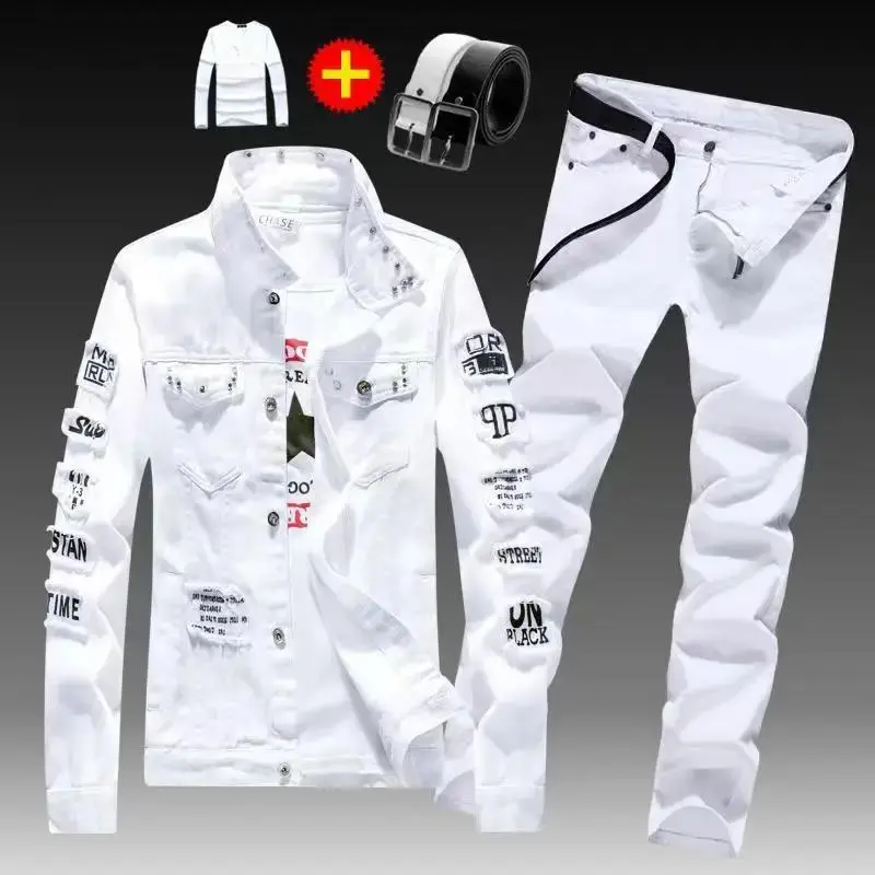Spring Autumn Mens Denim Jacket + Jeans Pants Set Fashion Single Breasted Coat Trousers Two Piece Denim suit Long Sleeve Clothes men's 2 piece set