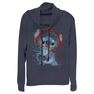 Junior's Women Lilo & Stitch Red and Blue Gamer Cowl Neck Sweatshirt