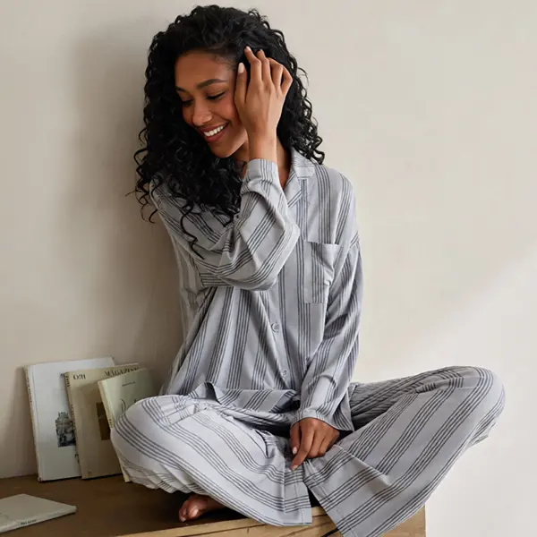 Women's Stripe Long-Sleeve Modal Pajama Set - Spring/Summer Cooling Ice Silk Loungewear, Premium Lightweight Plus Size Sleepwear, Longsleeves