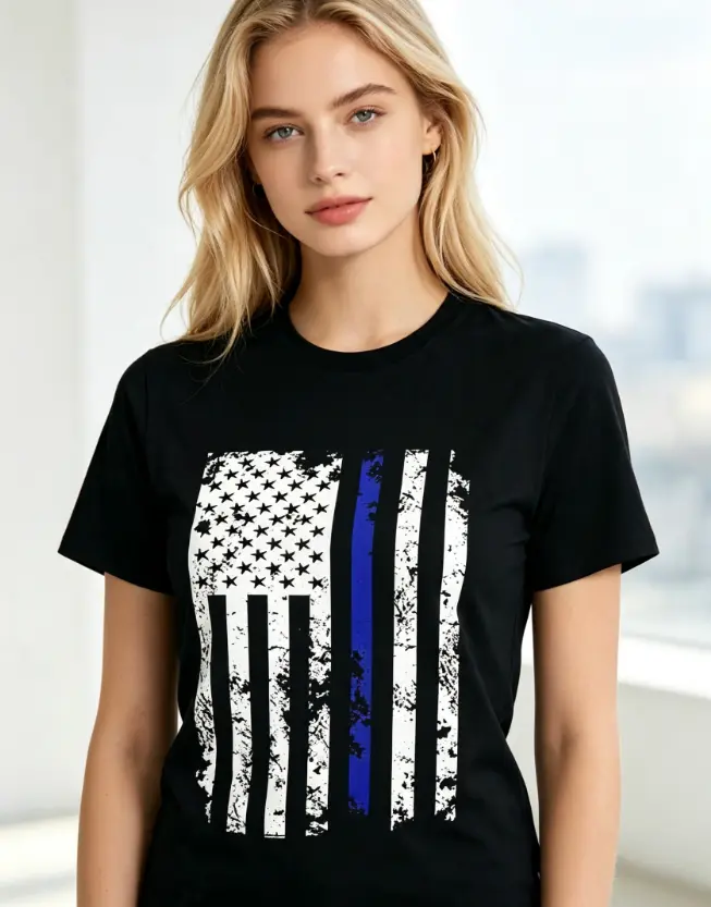 Men & Women 100% Cotton Distressed Thin Blue Line American Flag T-Shirt, Patriotic Support Law Enforcement Tee