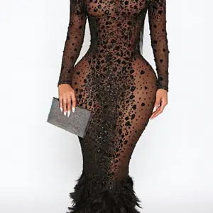 Black Diamond Glamour Long Evening Dress with Sheer Mesh Design and Sequin Accents for Formal Events