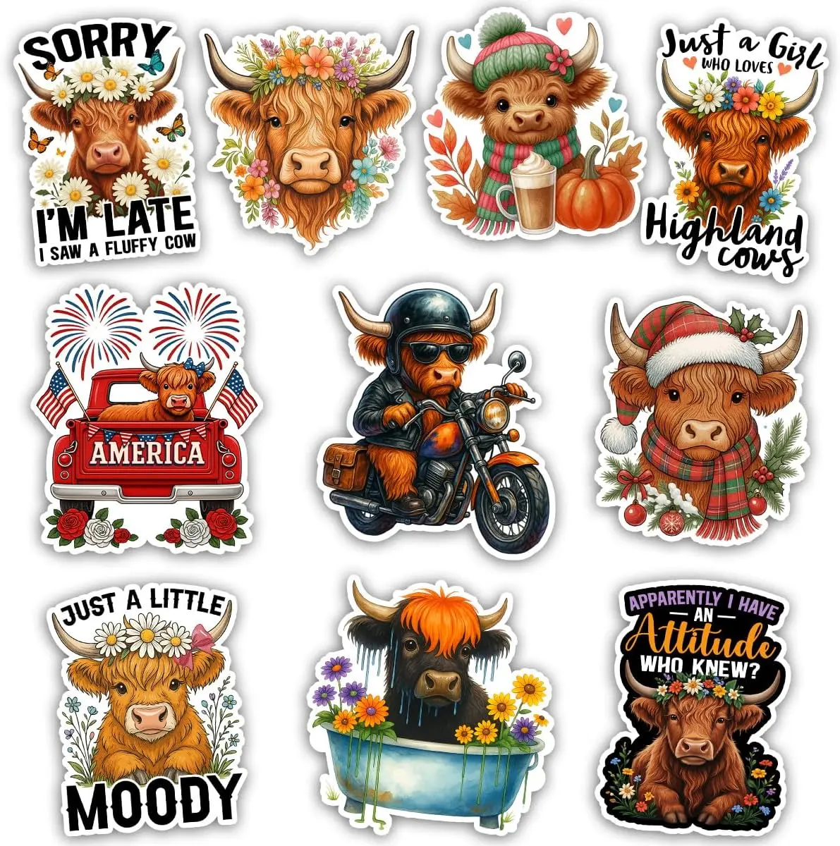 Highland Cow Sticker Pack, Funny Cute Highland Cow Cattle Sticker, Gift for Men Women Boys Girls, Decoration for Laptop Tablet Water Bottle Tumbler Helmet Car Vehicles