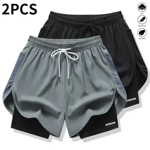 Pack of 2 women’s casual athletic pants, faux two-piece design, solid color, with inner lining, elastic drawstring waistband, suitable for outdoor fitness, running, sports, and casual wear; women’s shorts