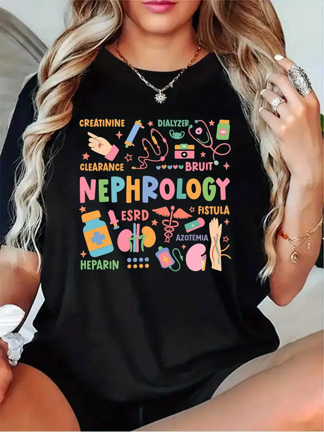 Women's Nephrology T-Shirt - ESRD Dialysis Fistula Care, Heparin Use & Creatinine Chart - Casual Round Neck Short Sleeve (Black/Grey/White/Dark Red) Kidney Disease Apparel