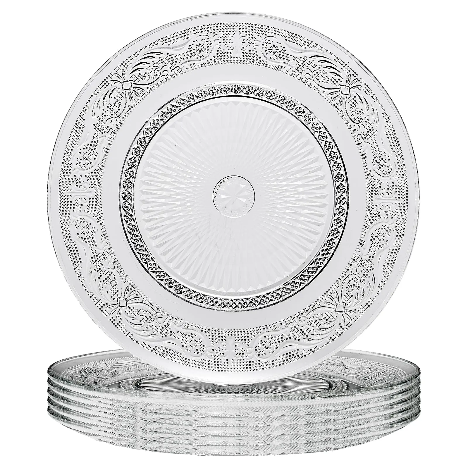 Khen Art Deco Vintage Crystal Glass Plates, Set of 6, 10.5' Dinner Plates - Dessert, Server Appetizer Plate, Snack Fruit, Side Serveware, Dishwasher Safe, 100%, Borosilicate Glass