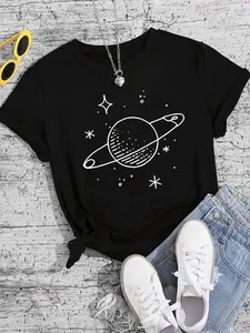 Women's Saturn & Star Print Round Neck Tee, Casual Planet Print Short Sleeve T-shirt for Daily Wear, Ladies Clothes for All Seasons, Top