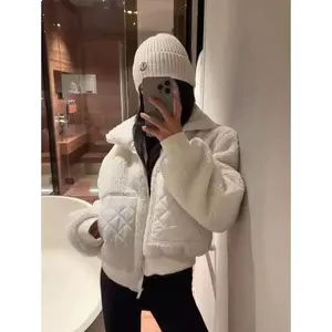 Women Lamb Plush Stand Collar Zip Jacket High Waist Thickened Warm Winter Casual Minimalist Long Sleeve Coat