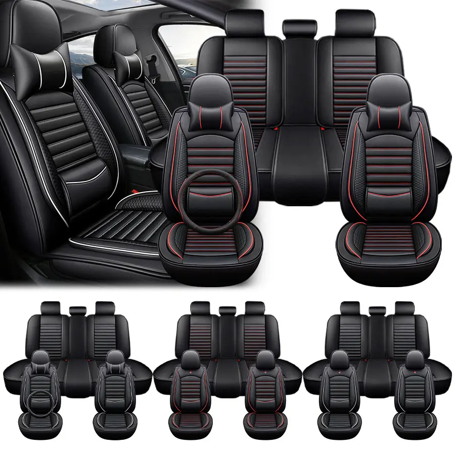 Automotive Seat Covers for Toyota Tacoma, Full Set Black & Red Leatherette Front & Back Covers, Durable PU Leather, Comfortable Stylish Design