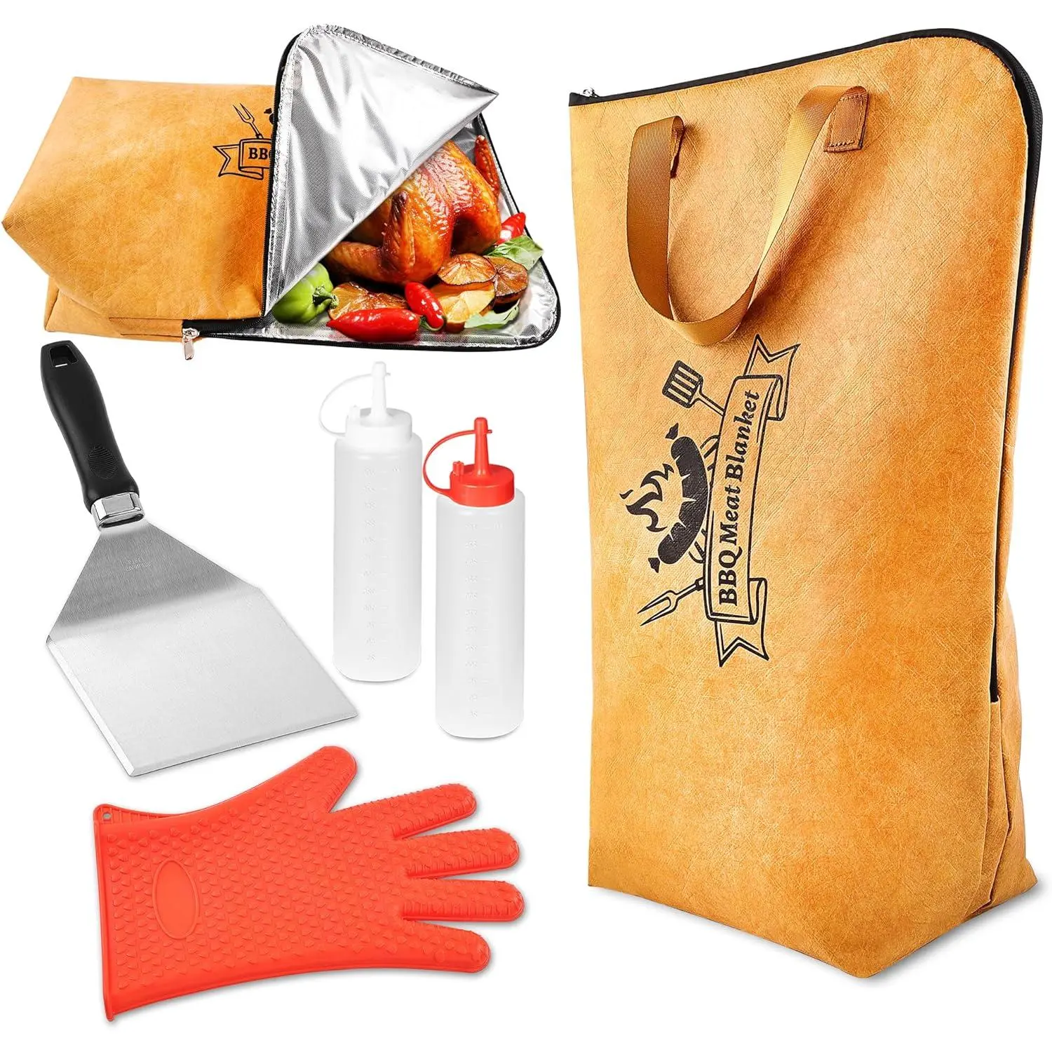 5-in-1 Grill Accessories Set with Insulated Meat Resting Blanket & Heavy Duty Spatula - BBQ Tools Kit, 5-Layer Heat Retention, Leak-Proof for Brisket Turkey Pork  Outdoor Barbecue
