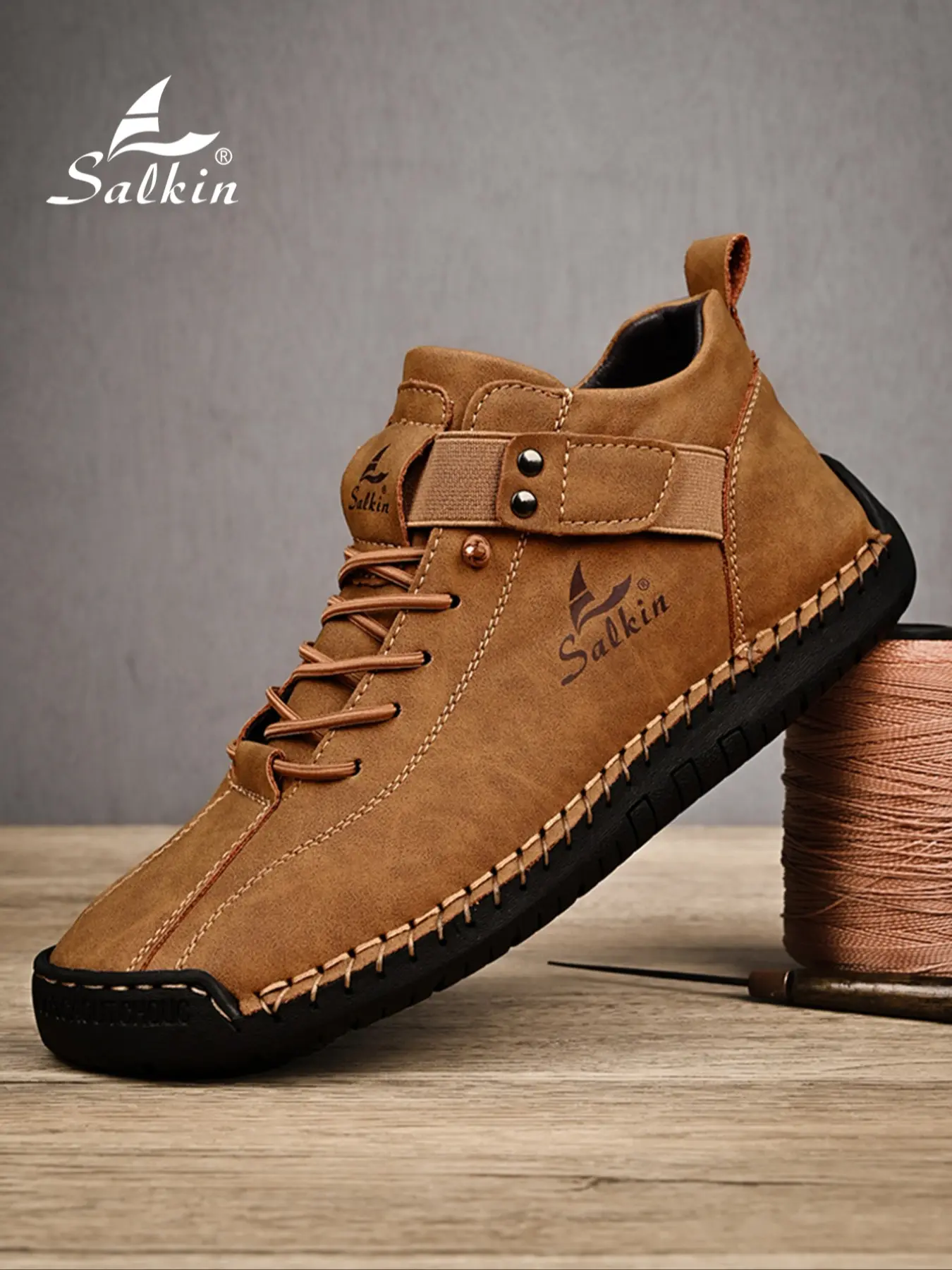 Men's Handmade Stitched Vintage Boots, Casual Drawstring Slip-On Sneakers, All-Season Large Size Shoes, Multiple Colors Available