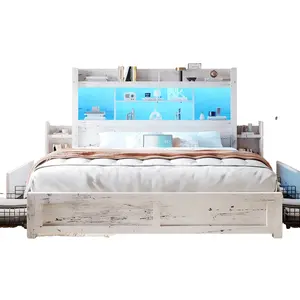 [MothersDayGift]【Ships in 2 Boxes】AMERLIFE Bed Frame with 49.6" Bookcase Headboard & 2 Bedside Stoage Racks & 4 Drawers, Farmhouse Wood Bed Frame with RGB LED & Charging Station,Best Gift Ideas/Christmas Gifts#SummerVibes