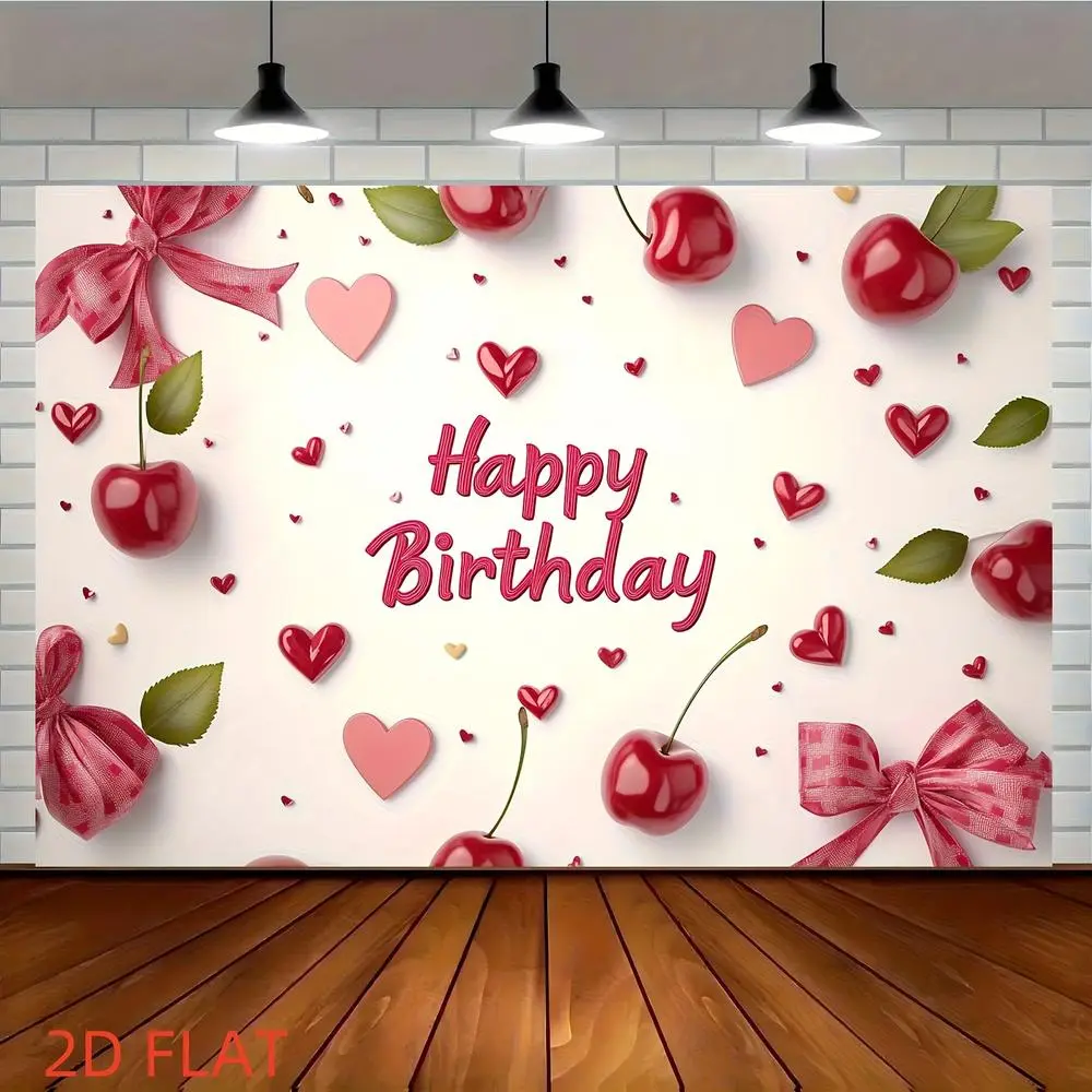 1pc Polyester Soft Fabric Durable 2D Flat Banner - Sweet Red Cherry Bows Glam Printing, White Backdrop Cloth for Party, Birthday Photo Booth Decorations