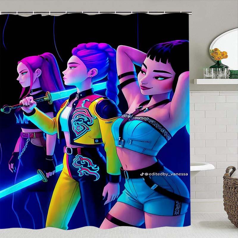 Creative Cartoon Anime Girl Group Shower Curtain Set, Includes Bath Mat, Toilet Lid Cover, U-Shaped Tray, Polyester Fiber Bathroom Decor Gift
