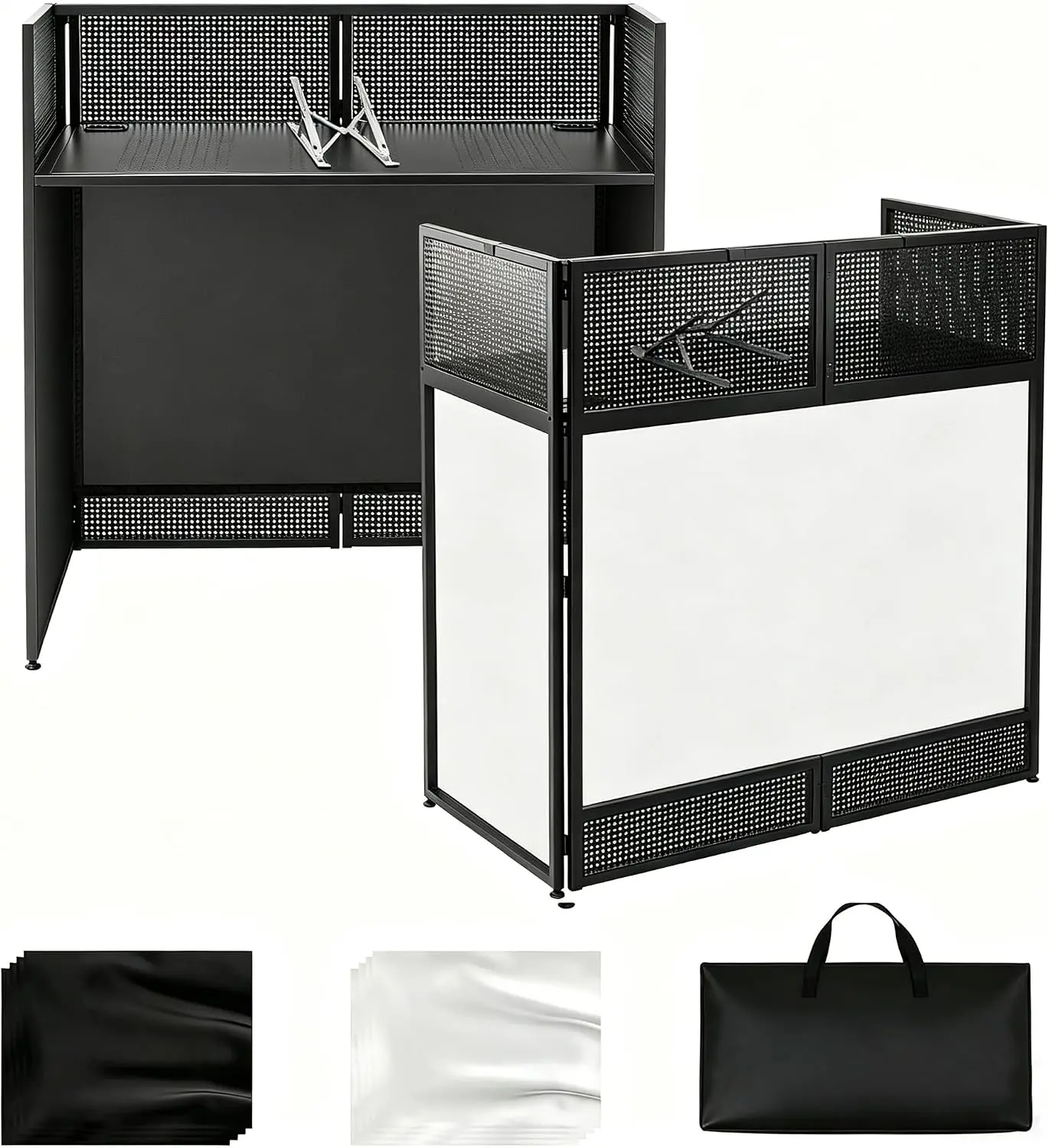 Portable Foldable DJ Facade Booth Workstation Table with Cable Management, Adjustable ft, Black & White Scrim Panels for Events, Foldable Computer Desk