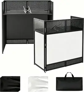 Portable Foldable DJ Facade Booth Workstation Table with Cable Management, Adjustable ft, Black & White Scrim Panels for Events, Foldable Computer Desk