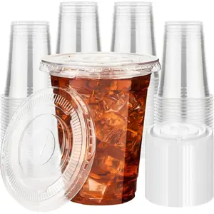 100 Pack 16oz Clear Plastic Cups with Lids, Disposable Iced Coffee Cups, Crystal Cold Drink Cups for Party, Cafe, Smoothies & Events
