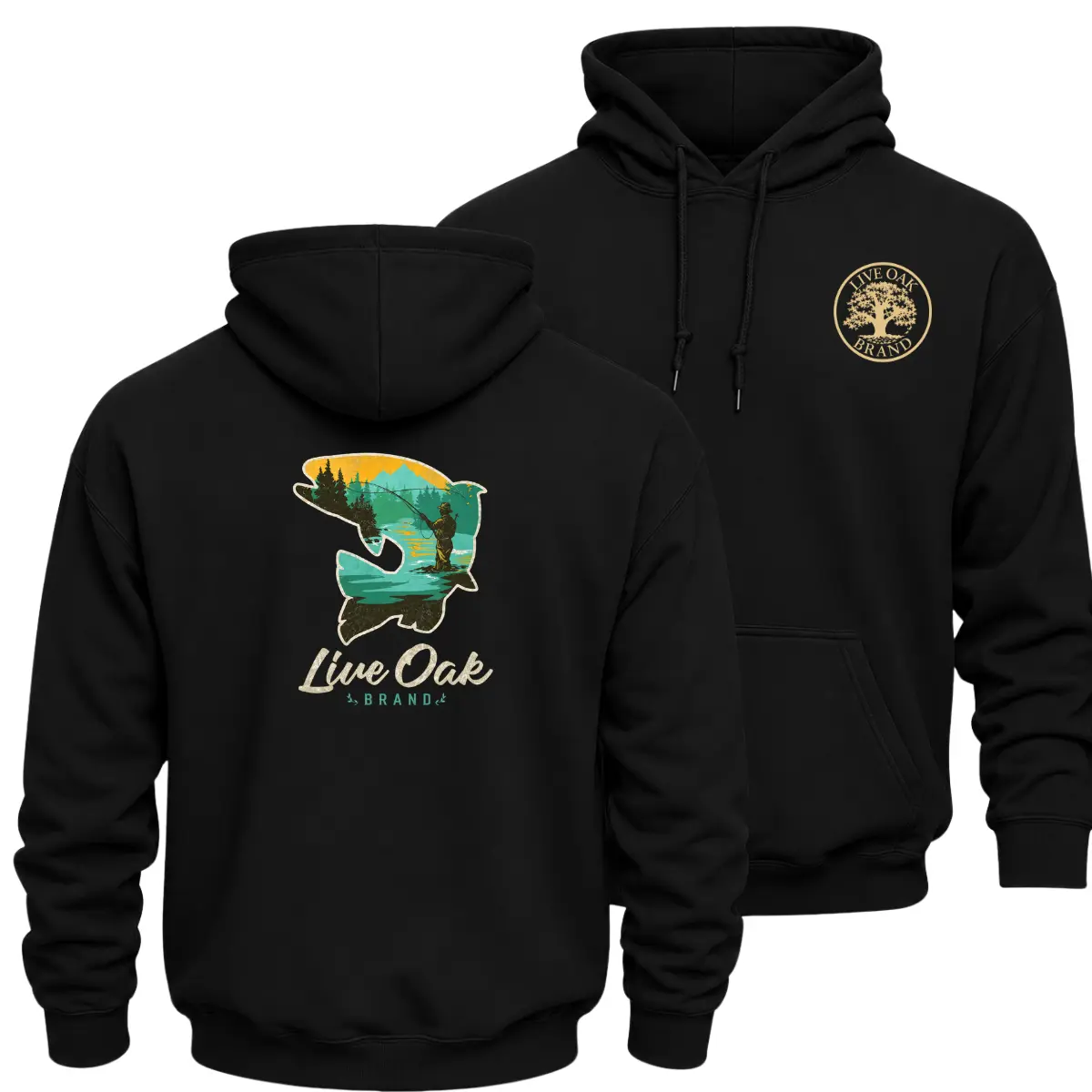 Vintage Fly Fishing Fisherman Outdoor Hoodie, Double Sided Bass Trout Fish Silhouette Graphic Pullover Sweatshirt, Retro Lake River Fishing Hoodie, Heavyweight Sweatshirt, Angler Gift For Men