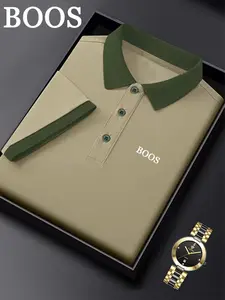 Men's Ff4440 Classic Boss Logo Animal Print Polo Shirt, Fitted Casual Short Sleeve, Breathable Elastic, All Seasons Wear, Casual Polo Shirts, Polo Style
