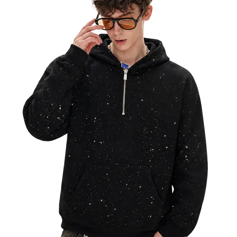 TELLFUN Men's Quarter-Zip Sequined Hoodie - Long Sleeve Cotton Blend, Functional Pockets, Relaxed Cut Y2K Sweatshirt for Autumn Winter Casual Streetwear & Party Wear