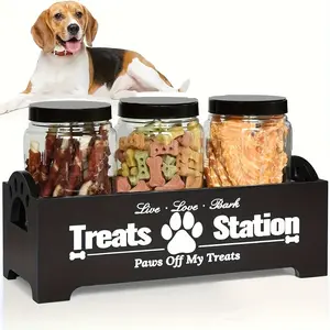 Wooden Pet Snack Box with 2/3 Sealed Plastic Jars, Non-Electric Dog Cat Food Storage Container, Durable Farmhouse Style Organizer