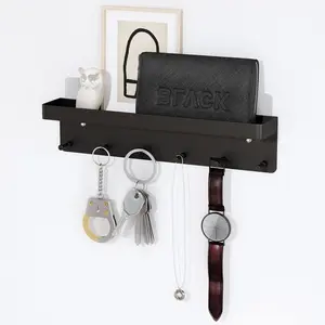 Wall Mounted Entryway Organizer with Mail Holder, Key Hooks & Storage Basket – Bronze Metal Rack with 6 Hooks
