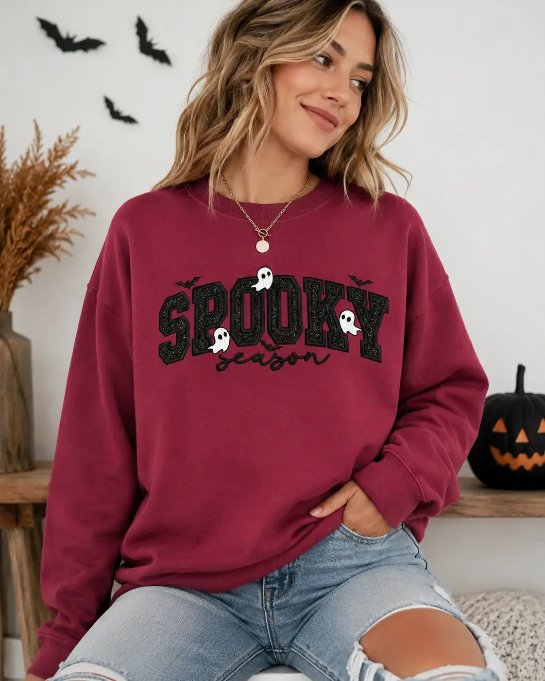 Spooky Season Glitter Embroidered Pullover Sweatshirt, Halloween Gift, Gift for Women for Men, Casual Top Unisex