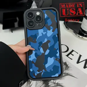 TPU Phone Case for iPhone 15 16 14 Pro Max 13 12 11 XR XS Plus E Blue Camo Pattern Drop Protection Shockproof Soft Silicone Smartphone Cover Casing