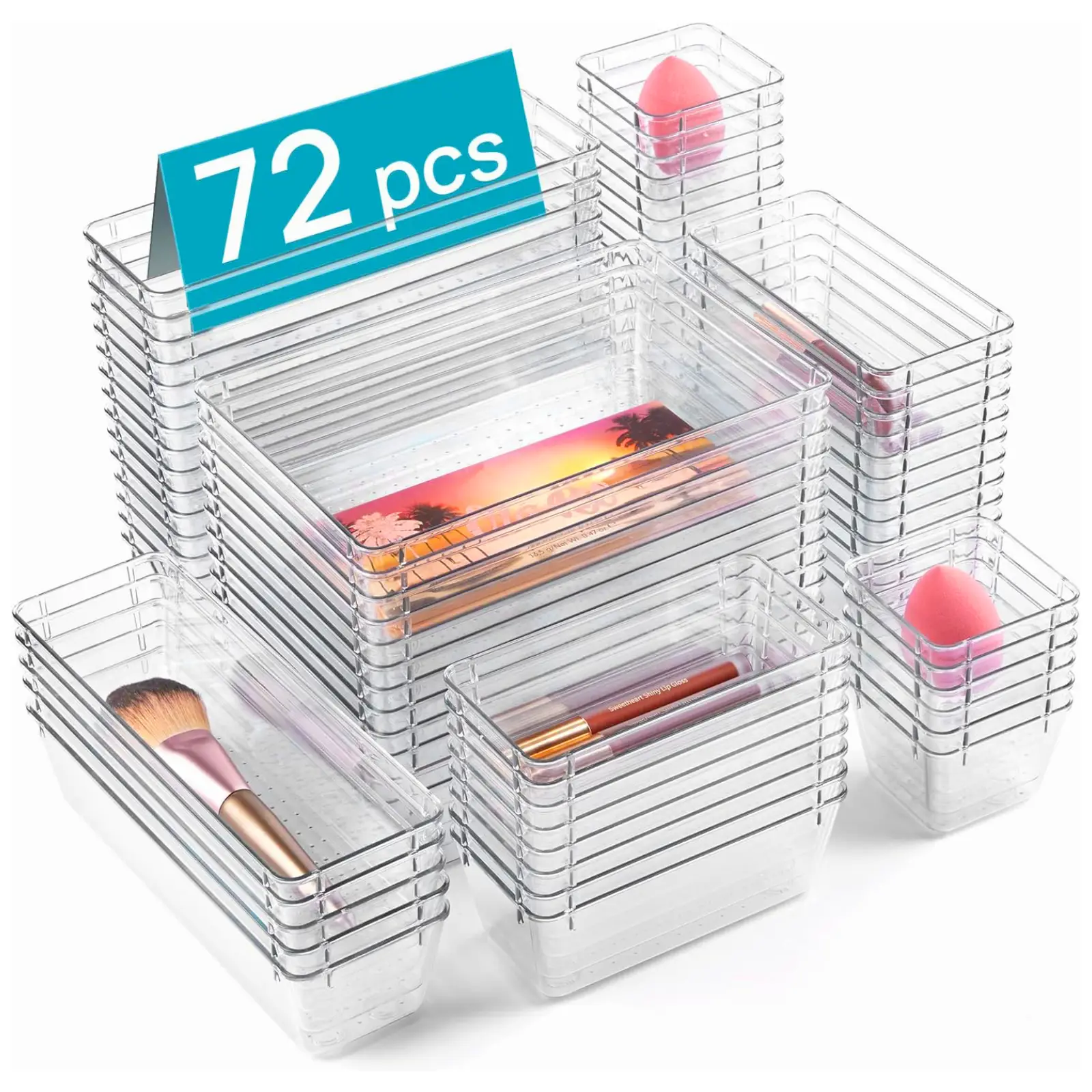[New Deal] 72 Pcs Clear Plastic Drawer Organizers Set, 4-Size Versatile Bathroom and Vanity Drawer Organizer Trays drawer dividers Multi-size storage