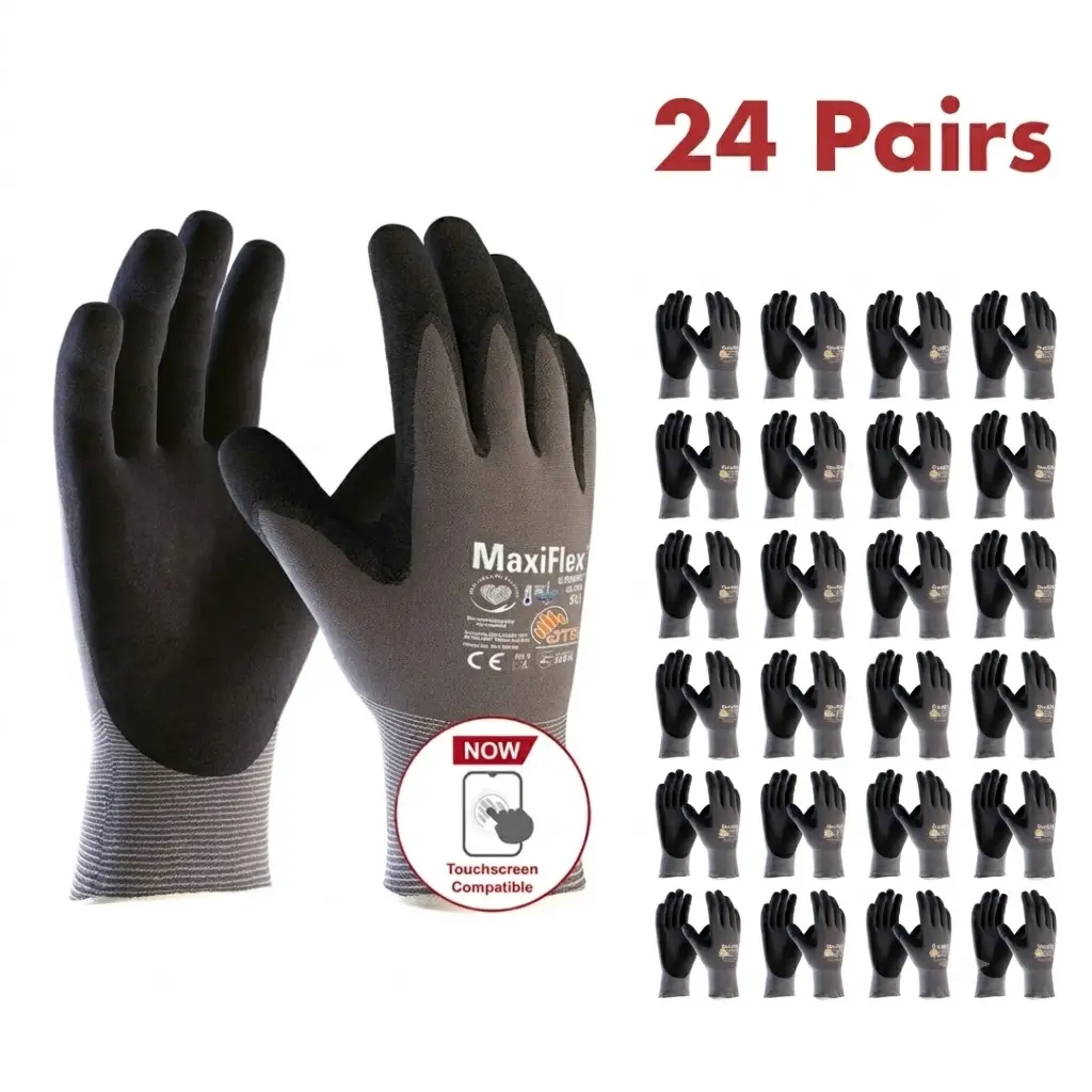 24 Pairs MaxiFlex Guantes de trabajo Ultimate - Safety Work Gloves with Foam Nitrile Palm Coating, Touchscreen Compatible, Construction Industry Essential