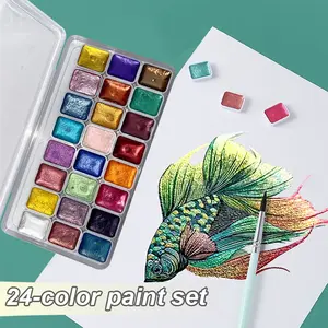 Metallic Pearlescent 24 Colors Solid Watercolor Paint Set with Portable Box for Painting,Writing,Decoration for Adults,Artists, DIY Painting Supplies